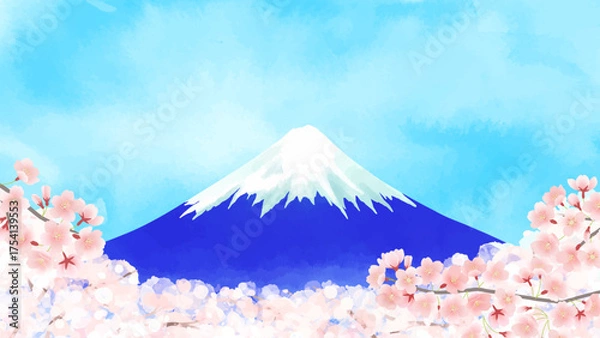 Fototapeta 水彩の桜の花に包まれた富士山のベクターイラスト風景
