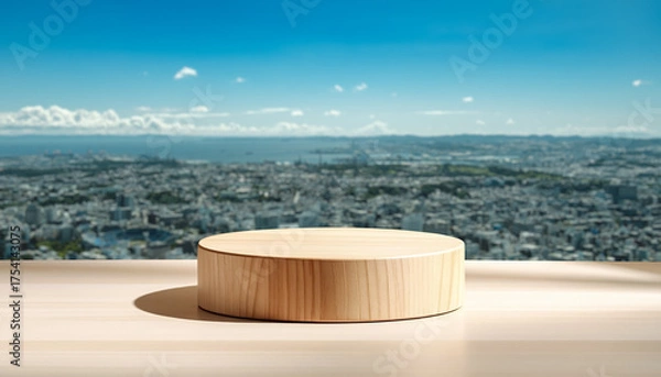 Obraz  ディスプレイ用の白い木製の円柱の台座　空白の空間とさわやかな青空と街並みの背景　商品・展示の台