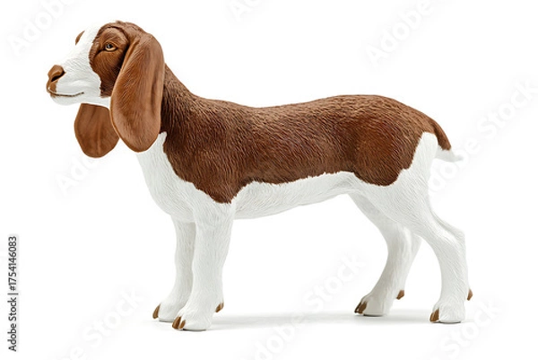 Fototapeta Adorable brown and white goat figure, perfect for farm animal themes and educational resources, adding a touch of countryside charm and playful innocence