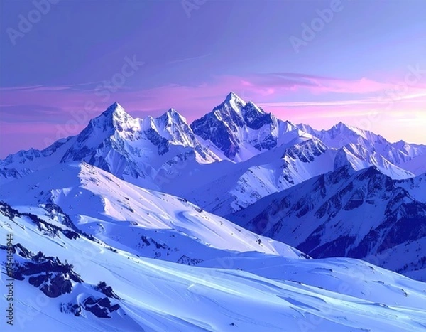 Obraz Majestic snow-covered mountain range glows with a soft, ethereal light as the sun rises or sets, painting the sky with shades of lavender and pink above the rugged peaks.