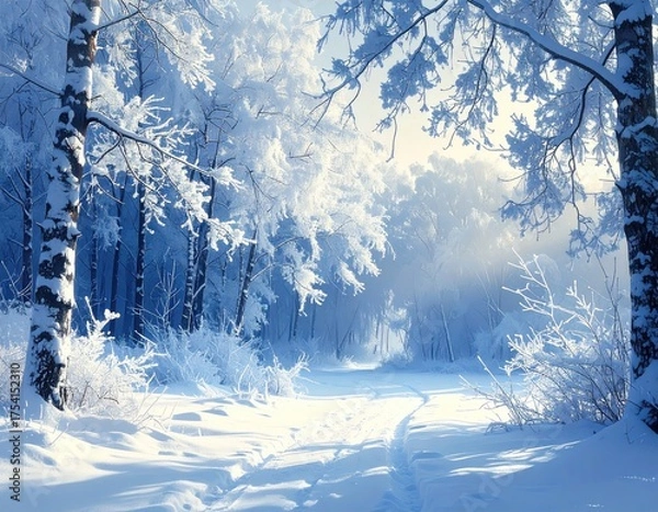 Obraz Stunning winter forest scene showcases snow-covered trees and frosted branches, creating a serene landscape with soft, diffused sunlight filtering through, emphasizing the peaceful and tranquil...
