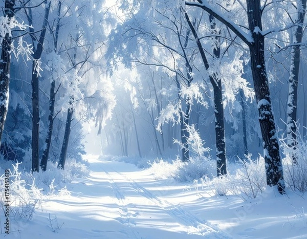 Obraz Snowy forest scene shows a snow-covered path leading through a frosted forest, with tree branches coated in ice crystals under a bright, sunlit sky creating a sense of tranquility and winter beauty.
