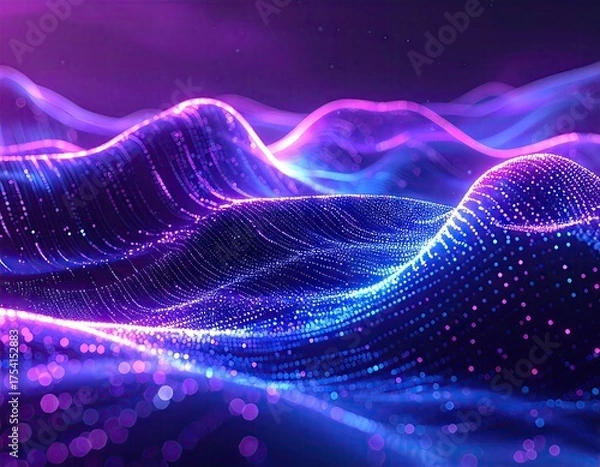 Obraz Glowing waves of luminous particles create a dynamic, flowing digital landscape with bokeh effects in the foreground, showcasing an abstract design with violet and blue tones and a futuristic,...