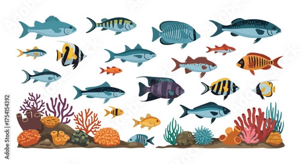 Obraz Diverse array of aquatic fauna and flora composition, featuring a vibrant underwater ecosystem illustration teeming with fish and coral reefs