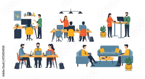 Fototapeta Diverse collaborative workspace scene showcasing different working styles and modern office layouts for team success