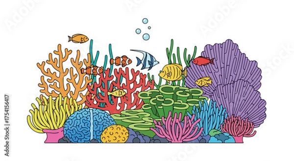 Obraz Vibrant coral reef ecosystem illustration with diverse fish species and colorful coral formations offering serene underwater visuals
