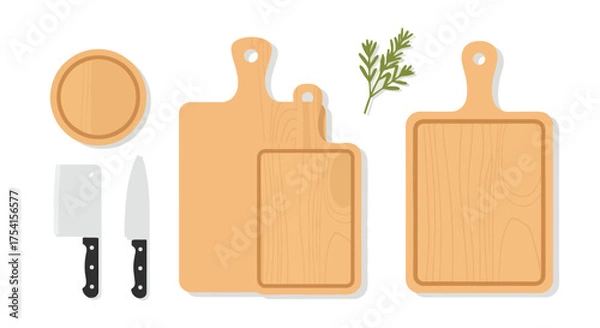 Obraz A culinary collection of wooden cutting boards, knives, and fresh herbs for a stylish cooking experience for food preparation