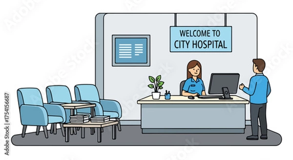 Obraz Cartoon depiction of a modern hospital reception area with a staff member attending to a patient calmly and professionally