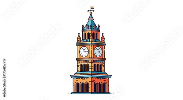 Obraz Stylized Illustration of a Victorian-Era Clock Tower Architecture with Ornate Details and Timekeeping Elements within a Clean White Space