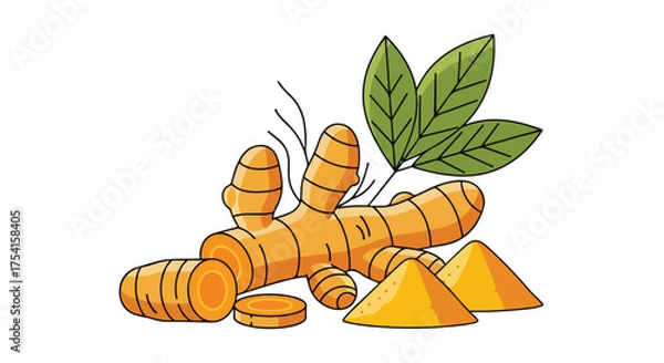 Obraz Vibrant turmeric rhizome illustration with leaves and powdered form showing spice and freshness for health or culinary uses
