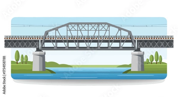 Obraz Stylized Illustration of a Railway Bridge Crossing a River, Set Against a Serene Sky Backdrop