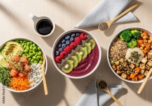 Fototapeta Top view trio of healthy bowls — acai smoothie bowl, salmon poke bowl & vegan quinoa tofu bowl