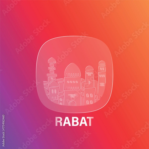 Fototapeta Rabat, Morocco: icon and logo prototype with glass liquid effect. Flat emblem with shapes of landmarks. Concept for mobile app, sticker, web element.