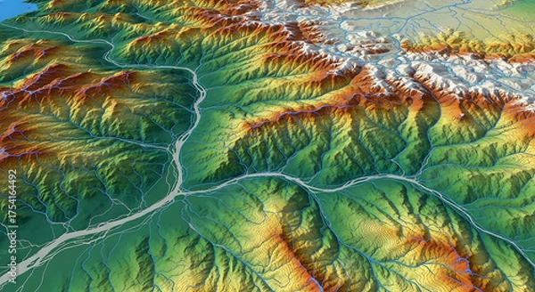 Fototapeta Aerial View of Mountainous Landscape with River Network