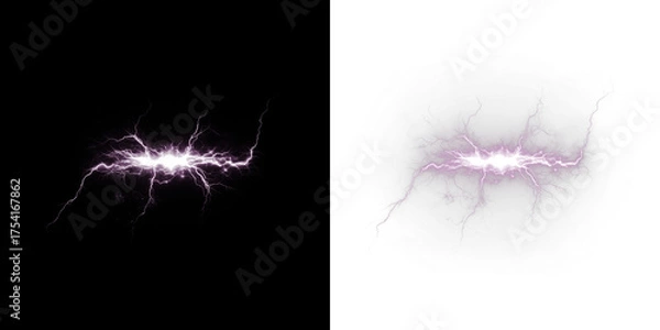 Fototapeta Electric lightning bolt overlay illustration with vibrant purple hues on contrasting backgrounds, ideal for dynamic designs and creative projects featuring energy and power concepts