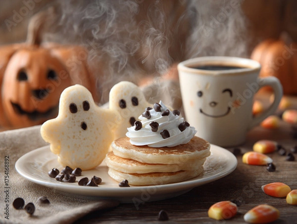 Fototapeta Hearty hot breakfast with steaming coffee, bokeh.