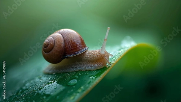 Obraz Small Snail With Brown Spiral Shell Crawling On A Wet Green Leaf