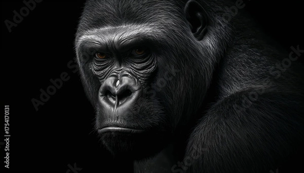 Fototapeta Majestic Gorilla Portrait With Intense Gaze On Black Background