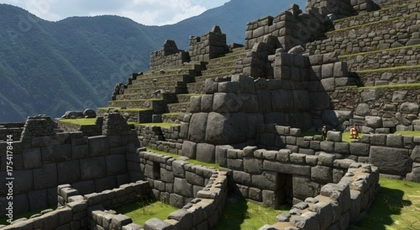 Fototapeta Ancient stone structures of a mountain citadel with terraced steps and lush green slopes