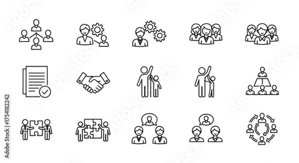 Fototapeta Business management line icon set. Vector symbols for teamwork, collaboration, and corporate strategy. Icons for leadership, partnership, agreement, and organization chart.