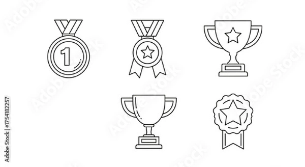 Fototapeta Award Medal Trophy Icon Set. Linear Vector Collection of Winner Medals with Ribbons, Trophy Cups, Star Badges. Prize, Championship, Achievement, Victory, Success, Contest, Sports, Excellence, Line Art