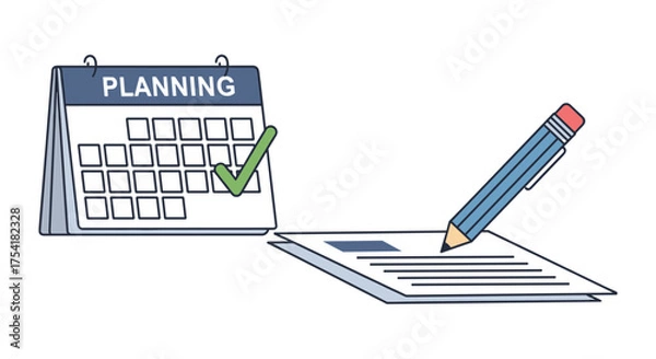 Fototapeta Planning schedule, business organization, and time management concept. Desk calendar with a green check mark for successful task completion. Pencil writing a list on a document.