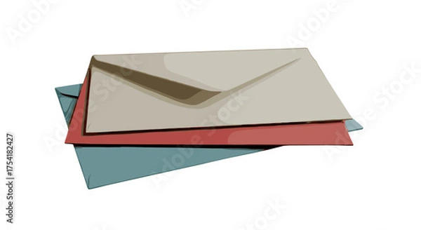 Obraz Three colorful envelopes stacked on a white background. Mail, correspondence, and communication concept. Blank letter mockup for invitations, greetings, or business messages.