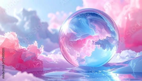 Obraz 青とピンクの無人島に浮かぶガラスの玉