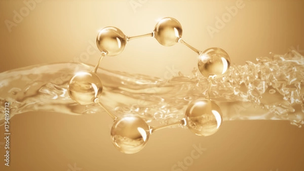 Fototapeta Gold molecule structures with  liquid flowing background, 3D rendering