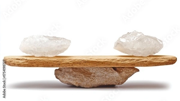 Fototapeta Clear natural crystals balanced on a rustic wooden plank, supported by a rough stone against a pure white background, symbolizing natural equilibrium and purity.