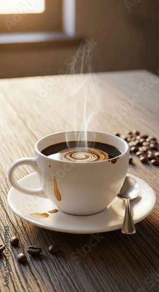 Fototapeta Steaming coffee cup on rustic table.