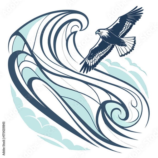 Fototapeta Eagle flying over ocean wave design for logo