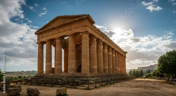 Fototapeta Ancient temple structure with large columns under a bright sky, historical site, sunny day