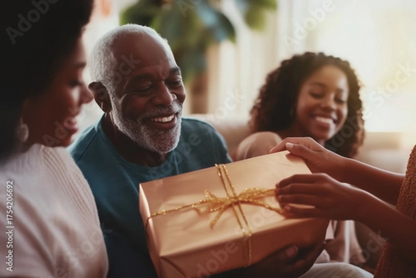 Obraz Elderly father’s special moment with his children. Gift exchange. Pov holiday scene.