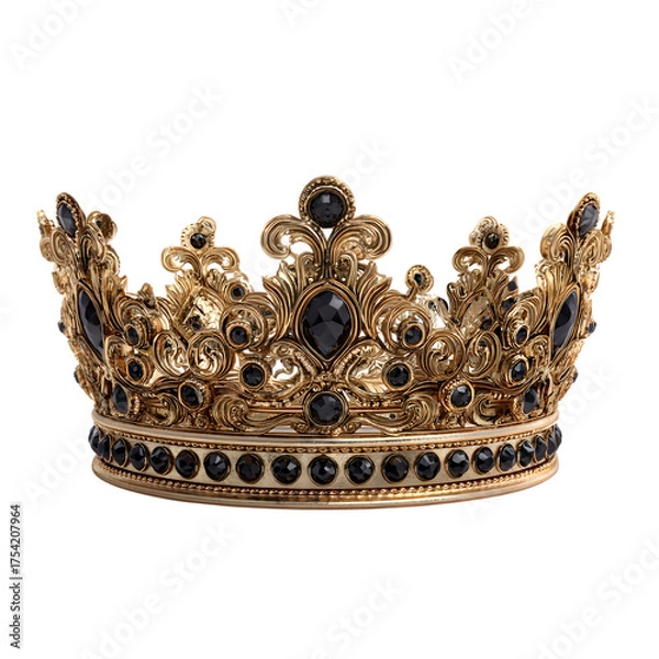 Fototapeta Ornate gold crown adorned with blue sapphires and diamonds isolated on transparent background