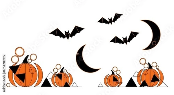 Fototapeta Abstract Geometric Halloween Vector – Pumpkins, Bats, Crescent Moon Minimalist Illustration