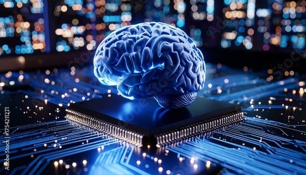 Fototapeta Generated image. The human brain is connected in a chipset. Illustration for artifficial intellegence