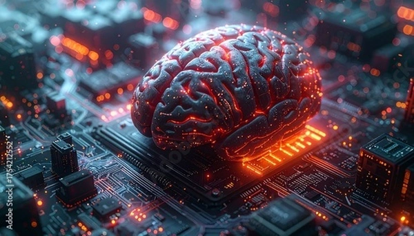 Obraz Generated image. The human brain is connected in a chipset. Illustration for artifficial intellegence