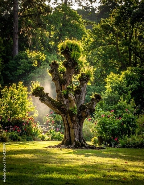 Fototapeta Ancient tree with unique limbs in a lush garden, sunlight illuminating the scene