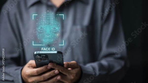 Fototapeta Biometric face recognition on smartphone for identity verification and mobile security