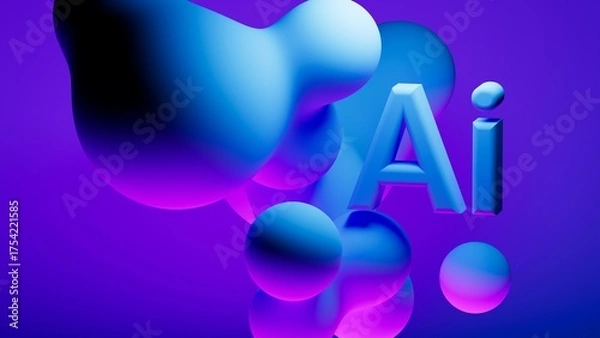 Fototapeta AI letters sign with glossy metaball spheres in flight. Realistic render of AI letters with bubbles on an isolated background.