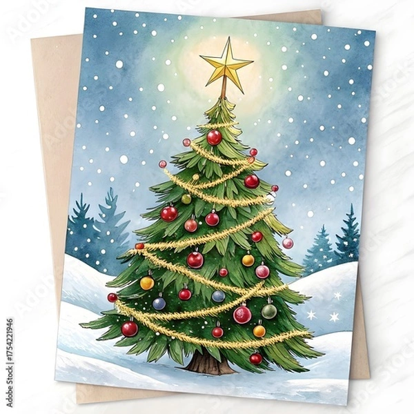 Fototapeta a christmas card with a christmas tree and a star