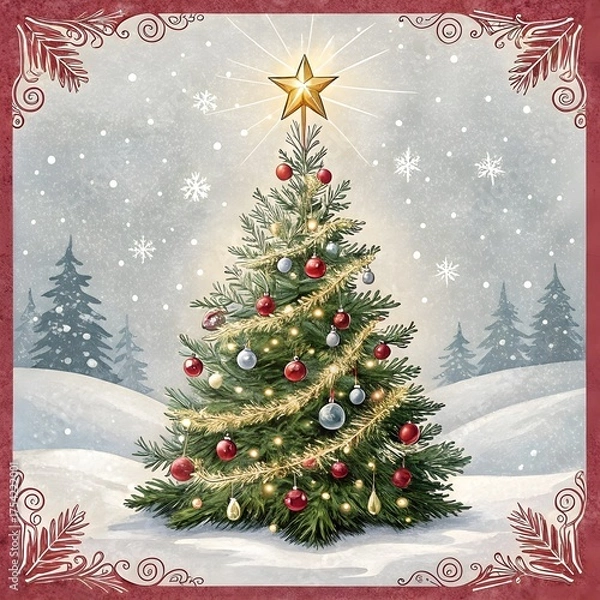 Obraz a christmas card with a christmas tree and a star