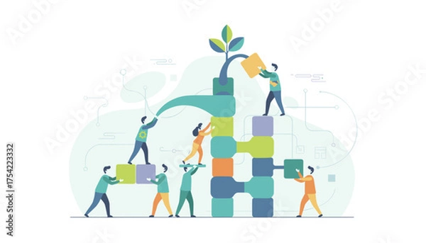 Obraz Business teamwork concept. People collaboratively building colorful blocks structure with growing plant, symbolizing growth, cooperation, development, success, and innovation in corporate environment.