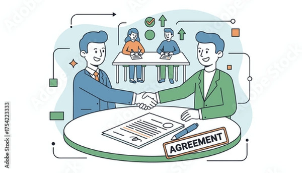 Obraz Business concept vector illustration of partnership and agreement. Businessmen shaking hands after a successful deal. Signing contract, teamwork, and collaboration concept.