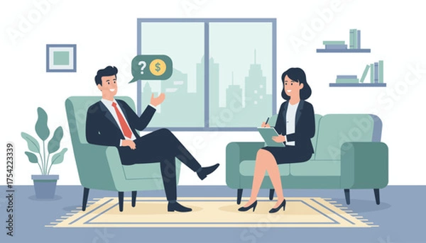 Obraz Business consultation about finance. Man asking about money, investment or salary. Financial advisor, psychologist or recruiter talking to a client. Job interview or therapy session.