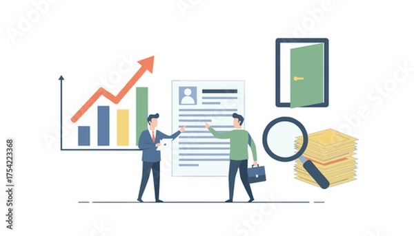 Obraz Recruitment process concept. HR searching for candidate for an open vacancy. Man at job interview. Resume analysis with business growth graph. Career opportunity door.