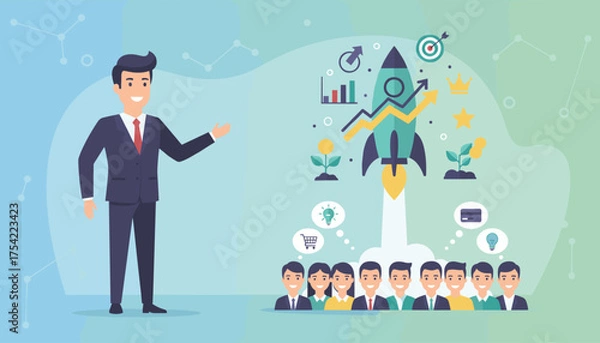 Obraz Business startup presentation with businessman showing rocket launch symbolizing growth, success, innovation, leadership, and financial achievement in corporate strategy.