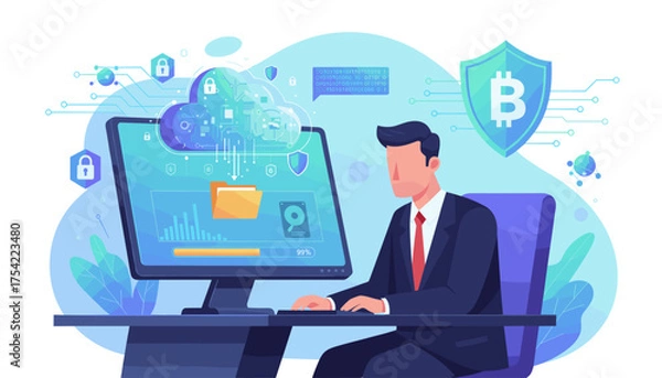 Obraz Businessman downloading data from secure cloud. Concept of data protection, network security, blockchain technology, cryptocurrency finance, and online document storage.