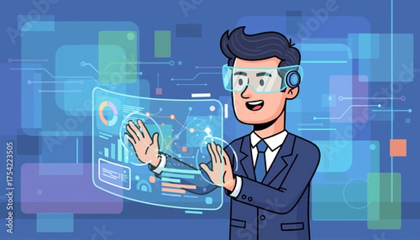 Obraz Man in VR glasses analyzes data on a virtual screen. Businessman works with a holographic financial dashboard. Concept for business intelligence, data visualization, metaverse.